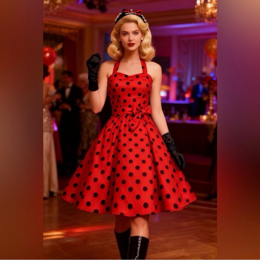 Women’s vintage Audrey Red Polka Dot Halter Dress 1950’s Hollywood glam